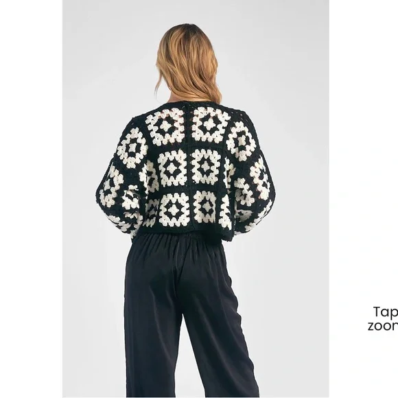 Elan Black and White crochet granny square crop Cardigan - Picture 3 of 6